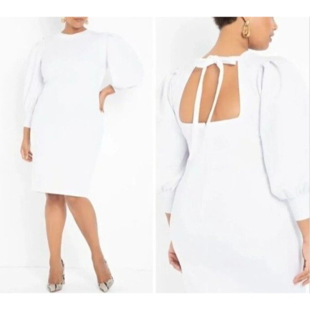 Eloquii White Cut Out Back White Puff Sleeve Scuba Sheath Dress Tie Back Size 16